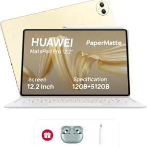 [The New User Exclusive Benefit ] HUAWEI MatePad Pro 12.2" PaperMatte Tablet, 2.8K Tandem OLED 144 Hz FullView Display, Large battery, Super Charge, Wifi, 12GB+512GB, HUAWEI Glide Keyboard, Professional GoPaint APP, Gold + Gifts