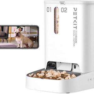 only £1.99：PETKIT Automatic Cat Feeder with Camera, 1080P HD Video with Night Vision, 2-Way Audio, Remote App Control Automatic Cat Food Dispenser with Dual Food Hopper, Portion Control, Battery Back-up, 5L