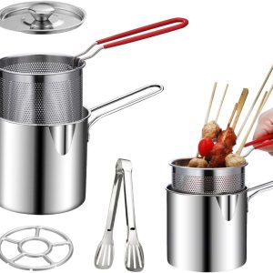 Deep Fryer Pot 304 Stainless Steel Frying Pan with Strainer Basket and Handle Versatile Oil Filter Pot Japanese Tempura Fryer Deep Fryers Frying Pot for Frying Fish(COLOR:Silver)