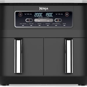 [The New User Exclusive Benefit ]：Ninja Foodi Dual Zone Digital Air Fryer, 2 Drawers, 7.6L, 6-in-1, Uses No Oil, Air Fry, Max Crisp, Roast, Bake, Reheat, Dehydrate, Cooks 4-6 Portions, Non-Stick, Dishwasher Safe Baskets, Black AF300UK