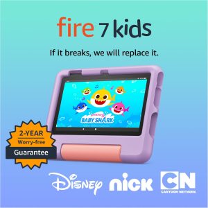 Anniversary Celebration while stocks last：Amazon Fire 7 Kids tablet (newest model) ages 3-7. Top-selling 7" kids tablet on Amazon. Includes 6 months of ad-free and exclusive content, easy parental controls, 10-hr battery, 16 GB, Purple