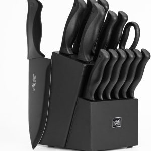 Anniversary Celebration while stocks last：Knife Set, HUNTER.DUAL 15 Pcs Kitchen Knife Set with Block Self Sharpening, Dishwasher Safe, Anti-slip Handle, Black
