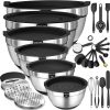 Anniversary Celebration while stocks last：Mixing Bowls with Airtight Lids Set, 26PCS Stainless Steel Khaki Bowls with Grater Attachments, Non-Slip Bottoms & Kitchen Gadgets Set, Size 7, 4, 2.5, 2.0,1.5, 1QT, Great for Mixing & Serving