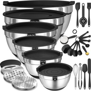 Anniversary Celebration while stocks last：Mixing Bowls with Airtight Lids Set, 26PCS Stainless Steel Khaki Bowls with Grater Attachments, Non-Slip Bottoms & Kitchen Gadgets Set, Size 7, 4, 2.5, 2.0,1.5, 1QT, Great for Mixing & Serving