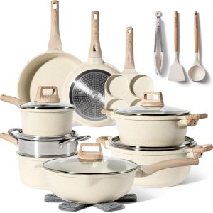 Anniversary Celebration while stocks last：Just Perfecto 21-Piece Pots and Pans Set, Non-Stick Cooking Sets, Induction, White Granite, Non-Stick Cooking Set with Frying Pans and Saucepans (PFOS, PFOA Free)