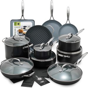 Anniversary Celebration while stocks last：GreenPan 22 Piece Valencia Pro Ceramic Nonstick Cookware Set, PFAS-Free, Induction Ready, Hard Anodized Pots & Pans with Lids, Compatible on All Cooktops, Dishwasher & Oven Safe