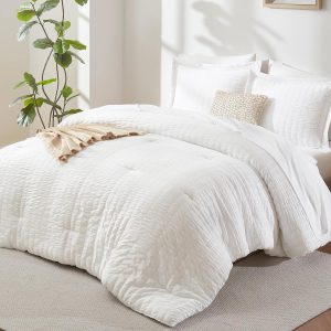 Anniversary Celebration while stocks last：CozyLux Queen Comforter Set White Seersucker 7 Pieces Bed in a Bag Queen Comforter Set with Sheets, Luxury Soft Bedding Set with Down Alternative Comforter, Sheets, Pillowcases & Shams for All Seasons