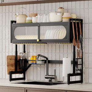 U HOOME Dish Drying Rack,3 Tier Over The Sink Dish Drying Stand Kitchen Counter Dish Draining Storage Racks for Kitchen Sink Organizer with Door Dish Organizer Utensil Sponge Holder Dryer Rack(Black)