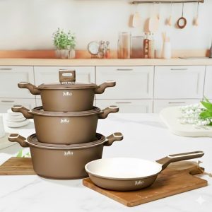 Julia Elite Prof Brown Granite Cookware Set 7 Pieces Nonstick Durable Easy Clean Heat Resistant Includes Casserole 20cm 24cm 28cm And Frying Pan 24cm Perfect Kitchen Set For Daily Healthy Cooking